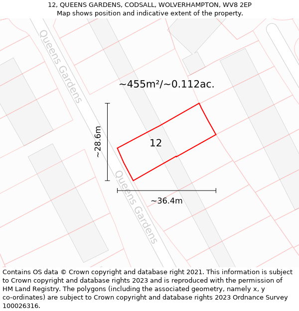 12, QUEENS GARDENS, CODSALL, WOLVERHAMPTON, WV8 2EP: Plot and title map