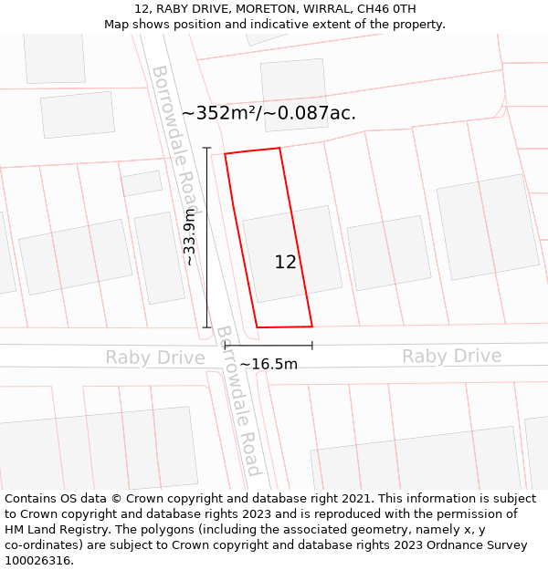 12, RABY DRIVE, MORETON, WIRRAL, CH46 0TH: Plot and title map