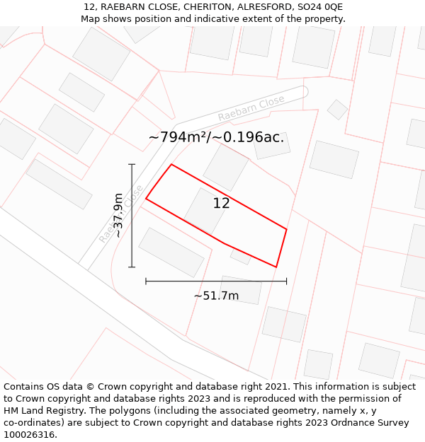 12, RAEBARN CLOSE, CHERITON, ALRESFORD, SO24 0QE: Plot and title map