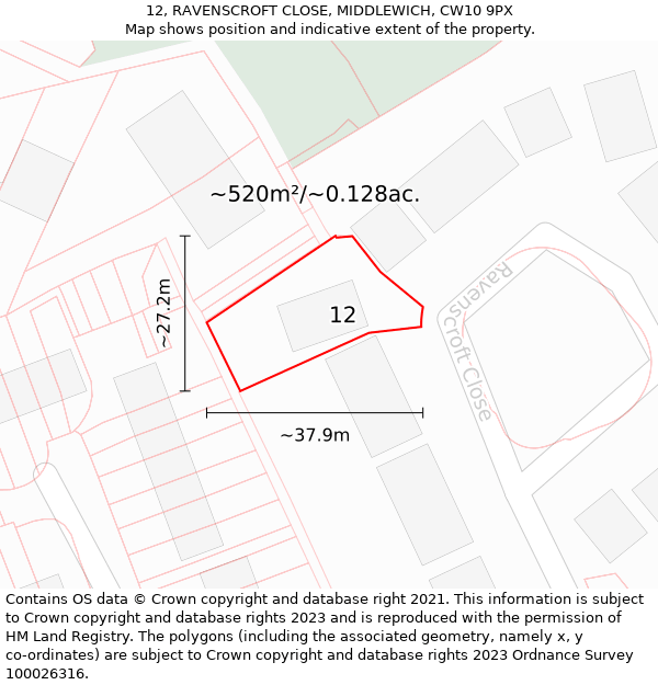 12, RAVENSCROFT CLOSE, MIDDLEWICH, CW10 9PX: Plot and title map