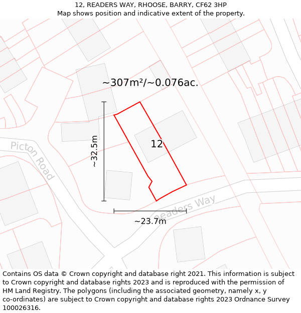 12, READERS WAY, RHOOSE, BARRY, CF62 3HP: Plot and title map