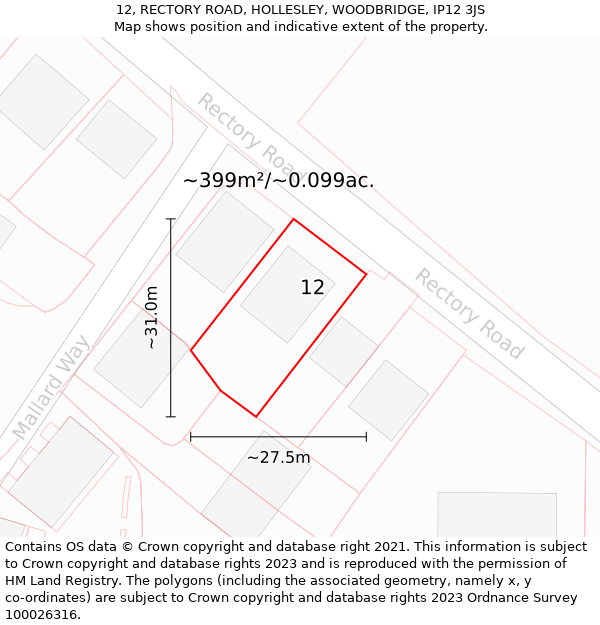 12, RECTORY ROAD, HOLLESLEY, WOODBRIDGE, IP12 3JS: Plot and title map
