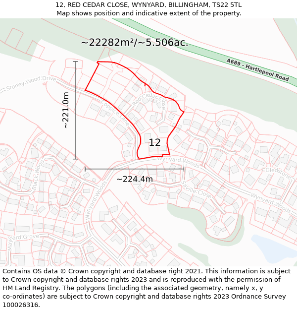 12, RED CEDAR CLOSE, WYNYARD, BILLINGHAM, TS22 5TL: Plot and title map