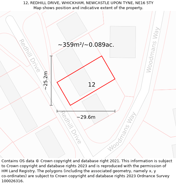 12, REDHILL DRIVE, WHICKHAM, NEWCASTLE UPON TYNE, NE16 5TY: Plot and title map