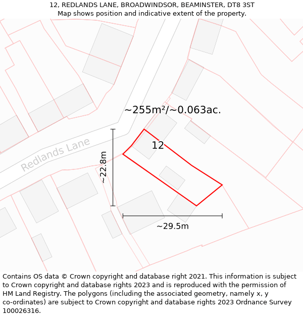 12, REDLANDS LANE, BROADWINDSOR, BEAMINSTER, DT8 3ST: Plot and title map