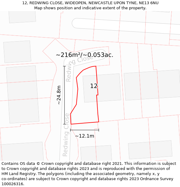 12, REDWING CLOSE, WIDEOPEN, NEWCASTLE UPON TYNE, NE13 6NU: Plot and title map