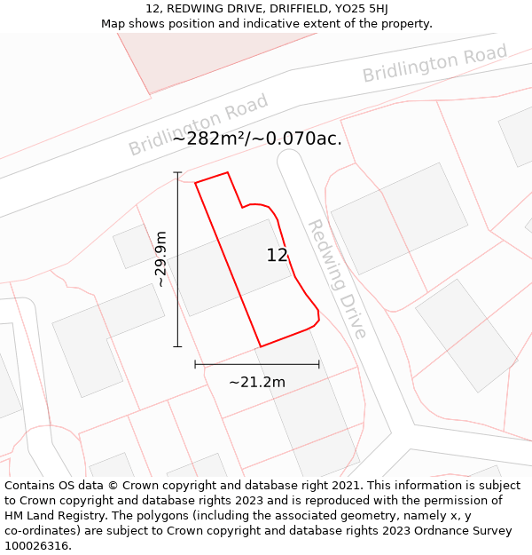 12, REDWING DRIVE, DRIFFIELD, YO25 5HJ: Plot and title map