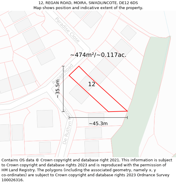 12, REGAN ROAD, MOIRA, SWADLINCOTE, DE12 6DS: Plot and title map