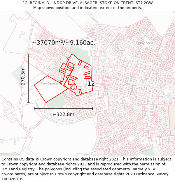 12, REGINALD LINDOP DRIVE, ALSAGER, STOKE-ON-TRENT, ST7 2GW: Plot and title map