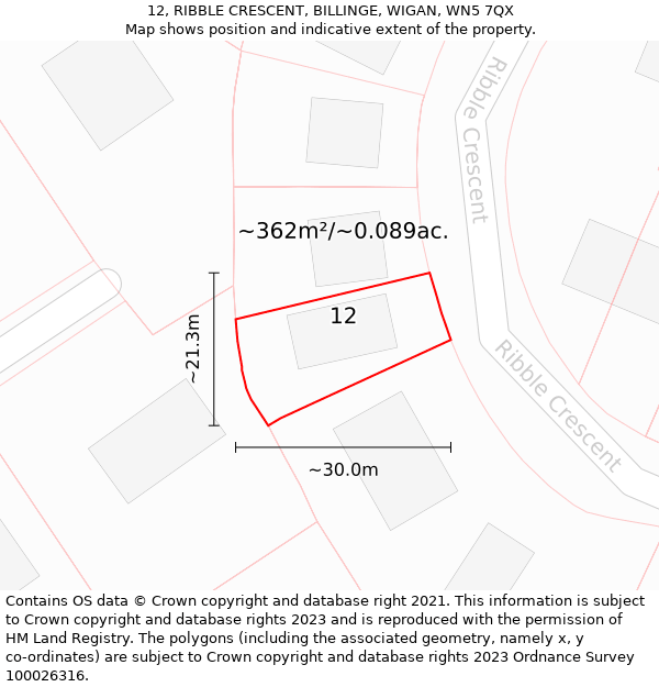 12, RIBBLE CRESCENT, BILLINGE, WIGAN, WN5 7QX: Plot and title map