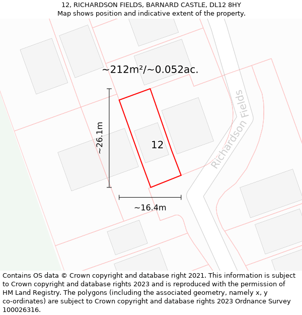 12, RICHARDSON FIELDS, BARNARD CASTLE, DL12 8HY: Plot and title map