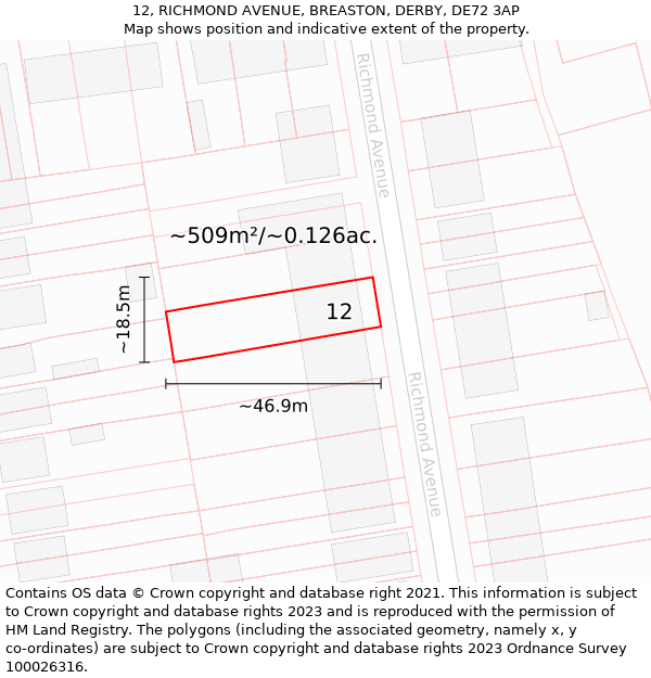 12, RICHMOND AVENUE, BREASTON, DERBY, DE72 3AP: Plot and title map