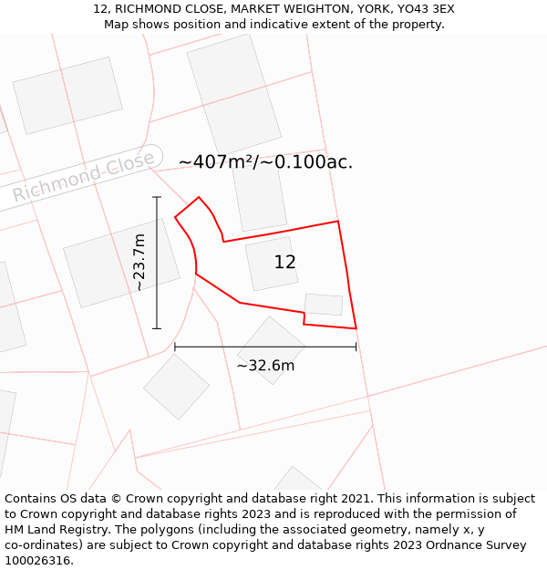 12, RICHMOND CLOSE, MARKET WEIGHTON, YORK, YO43 3EX: Plot and title map