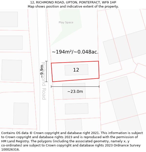 12, RICHMOND ROAD, UPTON, PONTEFRACT, WF9 1HP: Plot and title map