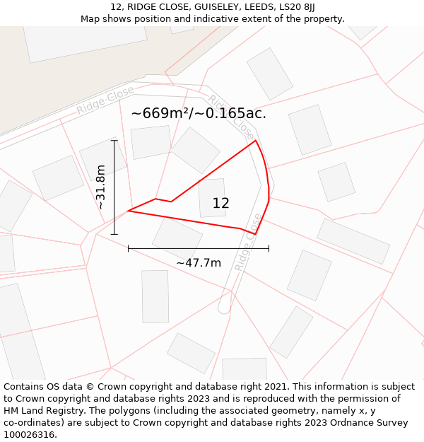 12, RIDGE CLOSE, GUISELEY, LEEDS, LS20 8JJ: Plot and title map