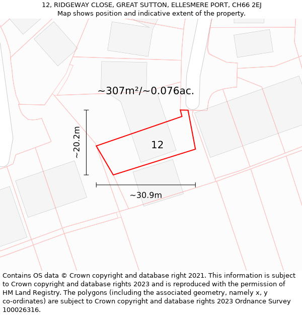 12, RIDGEWAY CLOSE, GREAT SUTTON, ELLESMERE PORT, CH66 2EJ: Plot and title map