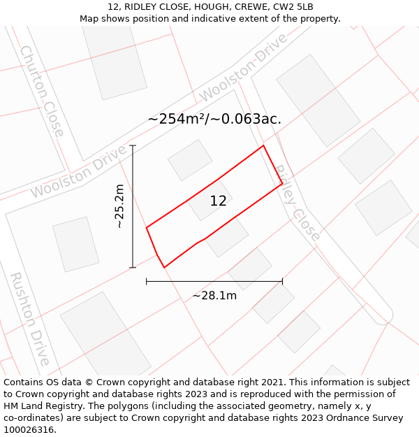 12, RIDLEY CLOSE, HOUGH, CREWE, CW2 5LB: Plot and title map