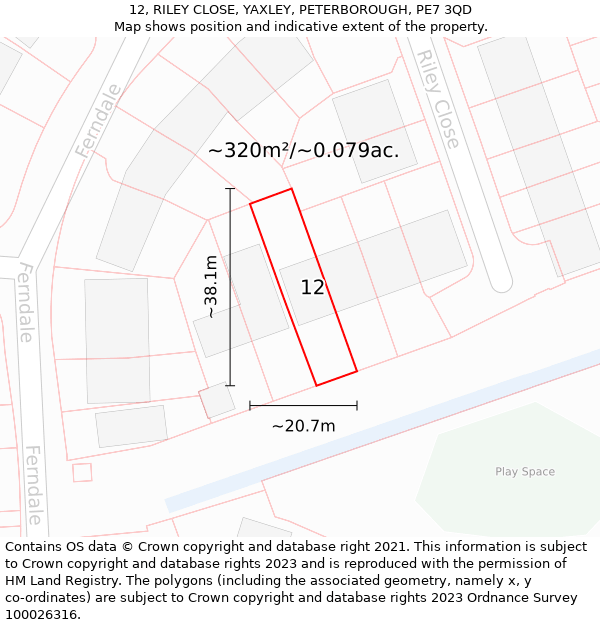 12, RILEY CLOSE, YAXLEY, PETERBOROUGH, PE7 3QD: Plot and title map