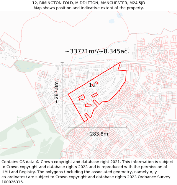 12, RIMINGTON FOLD, MIDDLETON, MANCHESTER, M24 5JD: Plot and title map