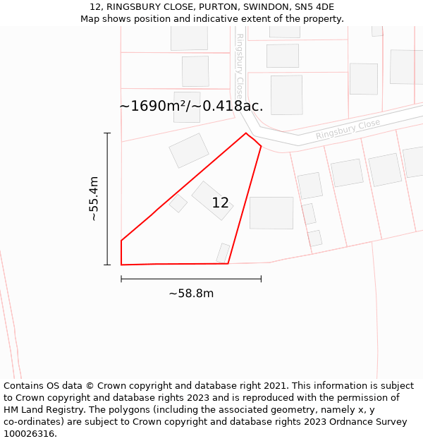 12, RINGSBURY CLOSE, PURTON, SWINDON, SN5 4DE: Plot and title map