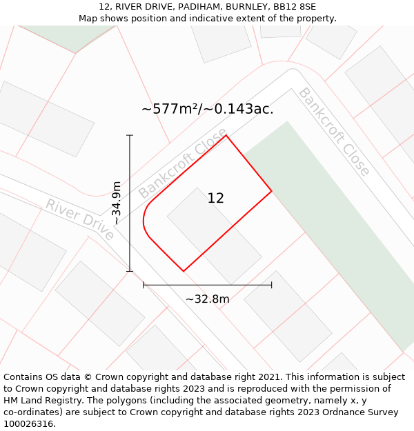 12, RIVER DRIVE, PADIHAM, BURNLEY, BB12 8SE: Plot and title map