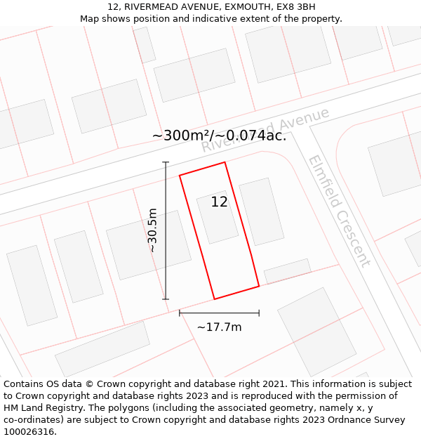 12, RIVERMEAD AVENUE, EXMOUTH, EX8 3BH: Plot and title map