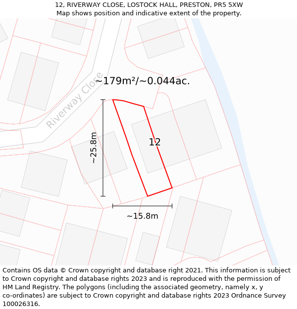 12, RIVERWAY CLOSE, LOSTOCK HALL, PRESTON, PR5 5XW: Plot and title map