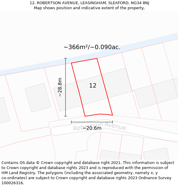 12, ROBERTSON AVENUE, LEASINGHAM, SLEAFORD, NG34 8NJ: Plot and title map