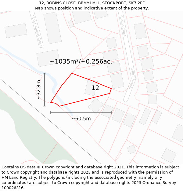 12, ROBINS CLOSE, BRAMHALL, STOCKPORT, SK7 2PF: Plot and title map