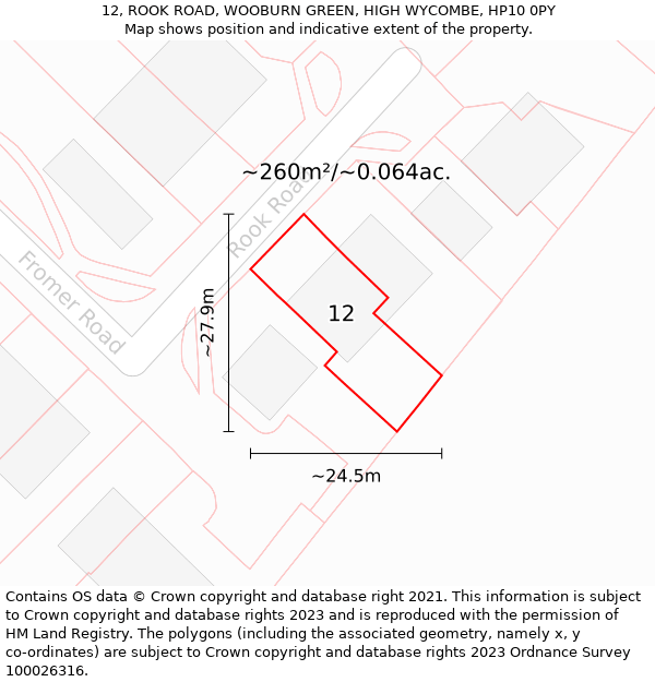 12, ROOK ROAD, WOOBURN GREEN, HIGH WYCOMBE, HP10 0PY: Plot and title map