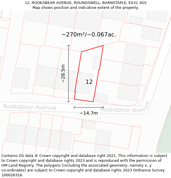 12, ROOKABEAR AVENUE, ROUNDSWELL, BARNSTAPLE, EX31 3GS: Plot and title map