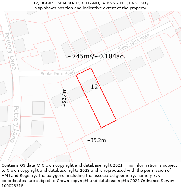 12, ROOKS FARM ROAD, YELLAND, BARNSTAPLE, EX31 3EQ: Plot and title map