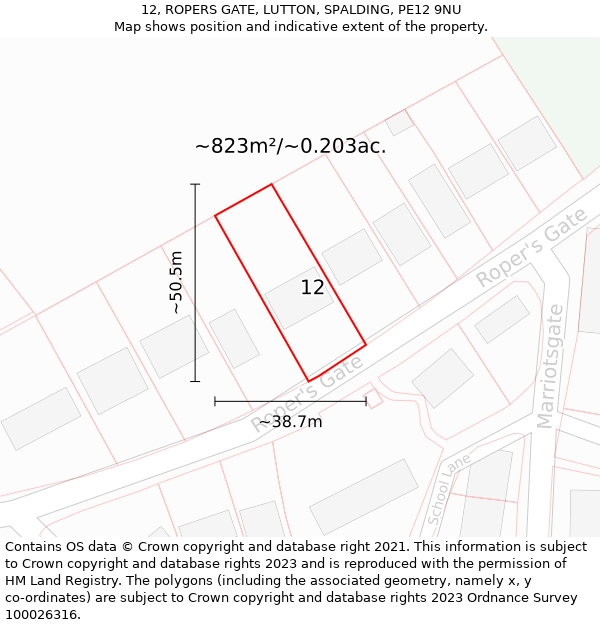 12, ROPERS GATE, LUTTON, SPALDING, PE12 9NU: Plot and title map