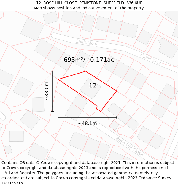 12, ROSE HILL CLOSE, PENISTONE, SHEFFIELD, S36 6UF: Plot and title map