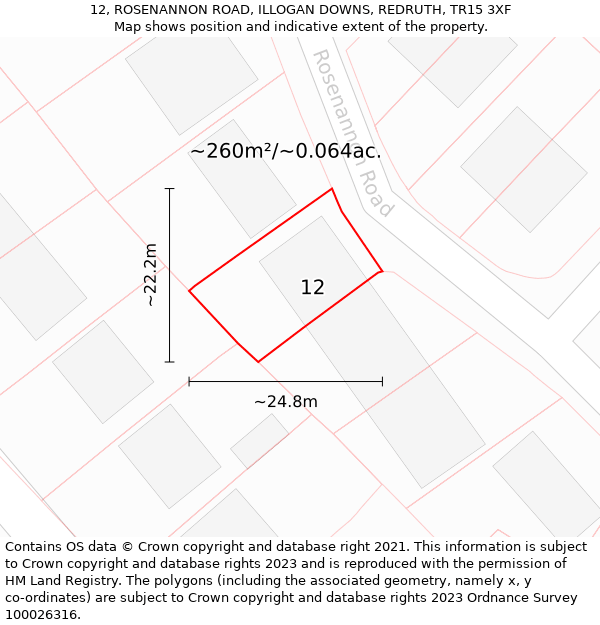 12, ROSENANNON ROAD, ILLOGAN DOWNS, REDRUTH, TR15 3XF: Plot and title map