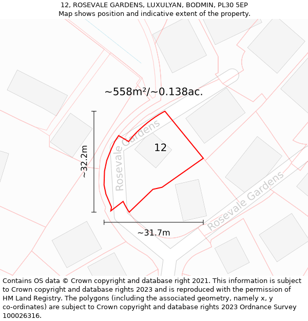 12, ROSEVALE GARDENS, LUXULYAN, BODMIN, PL30 5EP: Plot and title map