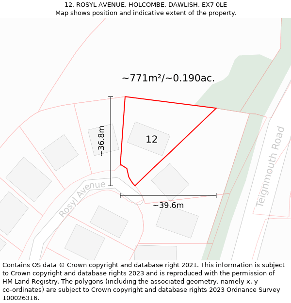 12, ROSYL AVENUE, HOLCOMBE, DAWLISH, EX7 0LE: Plot and title map