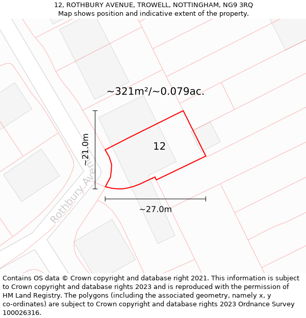 12, ROTHBURY AVENUE, TROWELL, NOTTINGHAM, NG9 3RQ: Plot and title map