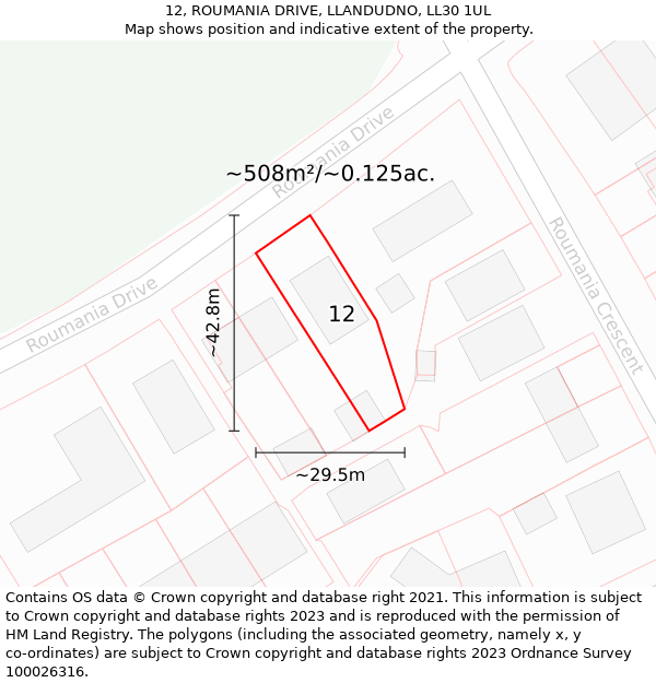 12, ROUMANIA DRIVE, LLANDUDNO, LL30 1UL: Plot and title map