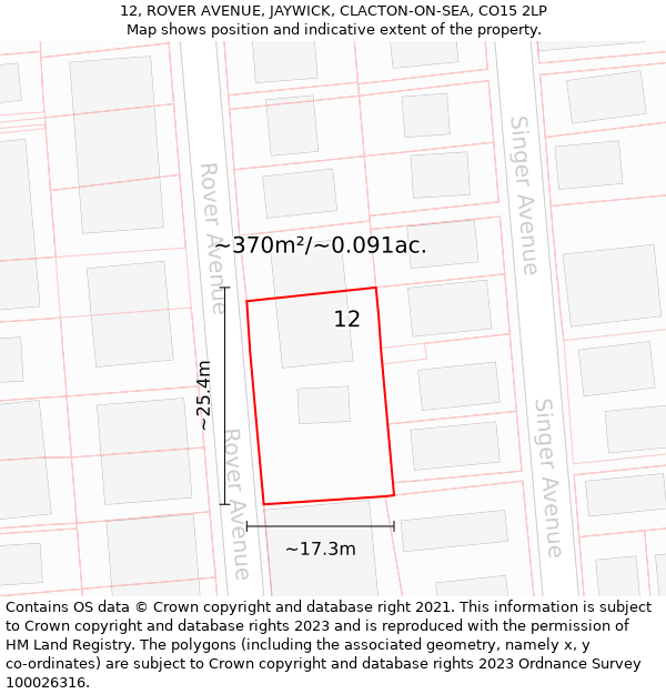 12, ROVER AVENUE, JAYWICK, CLACTON-ON-SEA, CO15 2LP: Plot and title map