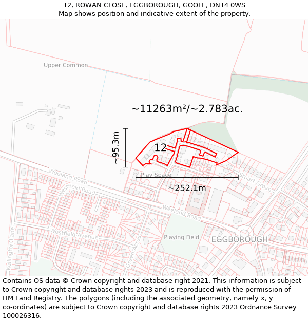 12, ROWAN CLOSE, EGGBOROUGH, GOOLE, DN14 0WS: Plot and title map