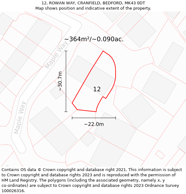 12, ROWAN WAY, CRANFIELD, BEDFORD, MK43 0DT: Plot and title map