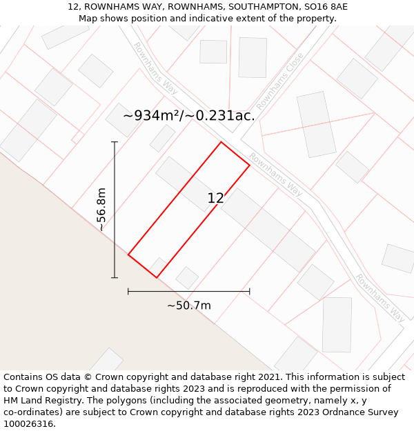 12, ROWNHAMS WAY, ROWNHAMS, SOUTHAMPTON, SO16 8AE: Plot and title map