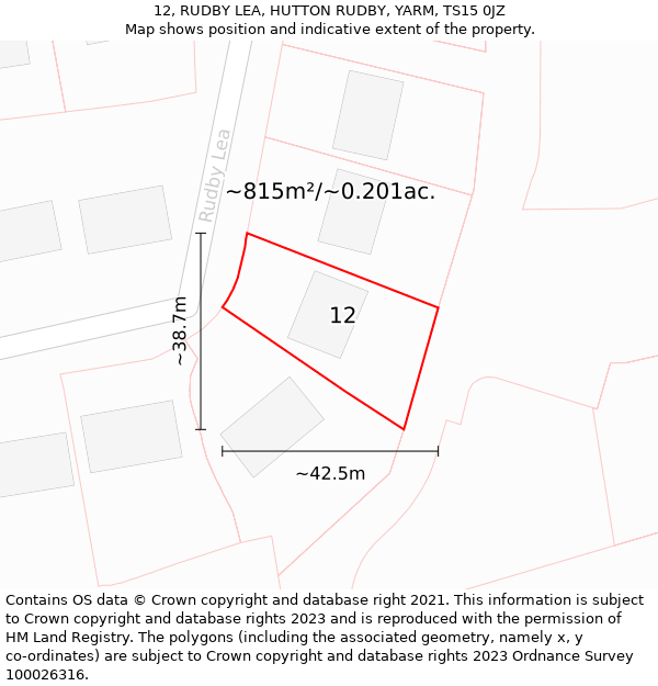 12, RUDBY LEA, HUTTON RUDBY, YARM, TS15 0JZ: Plot and title map