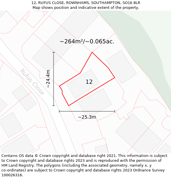 12, RUFUS CLOSE, ROWNHAMS, SOUTHAMPTON, SO16 8LR: Plot and title map