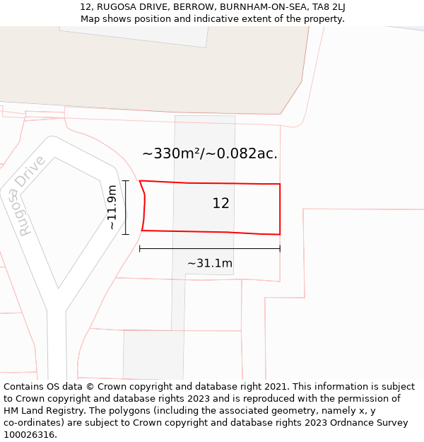 12, RUGOSA DRIVE, BERROW, BURNHAM-ON-SEA, TA8 2LJ: Plot and title map