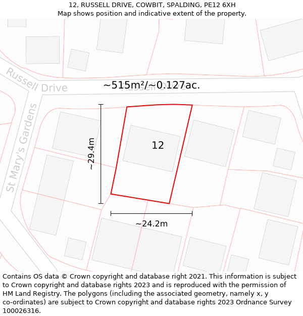 12, RUSSELL DRIVE, COWBIT, SPALDING, PE12 6XH: Plot and title map