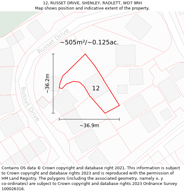 12, RUSSET DRIVE, SHENLEY, RADLETT, WD7 9RH: Plot and title map