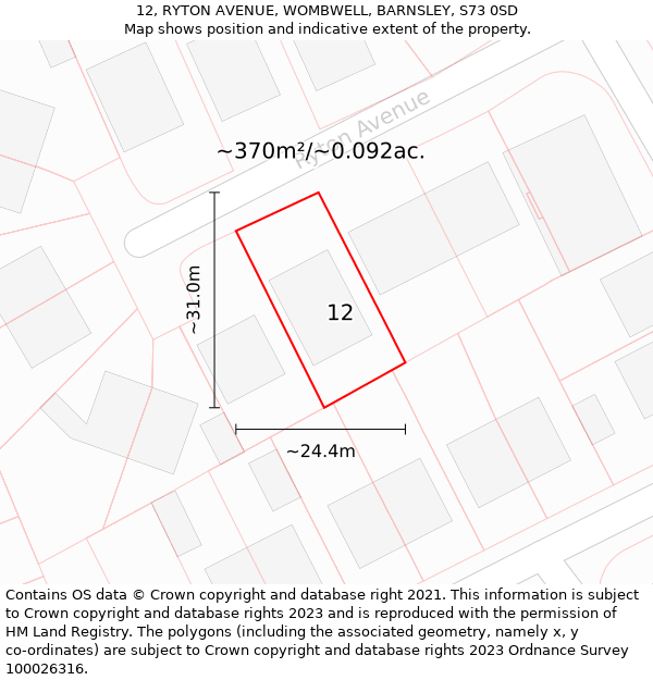 12, RYTON AVENUE, WOMBWELL, BARNSLEY, S73 0SD: Plot and title map