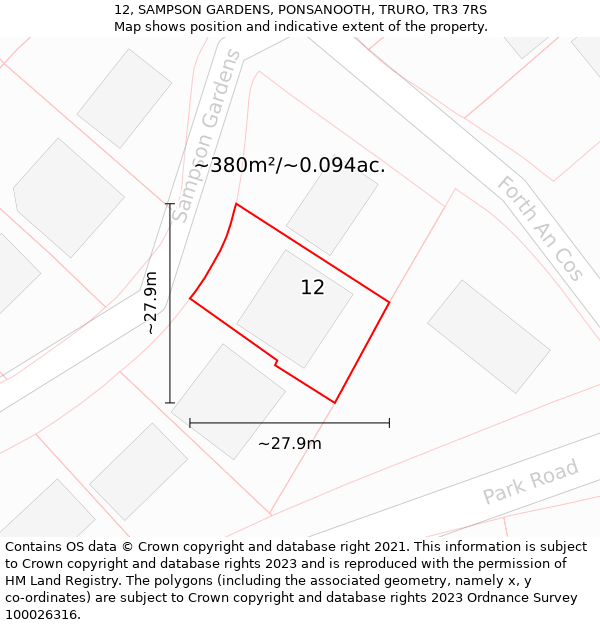 12, SAMPSON GARDENS, PONSANOOTH, TRURO, TR3 7RS: Plot and title map